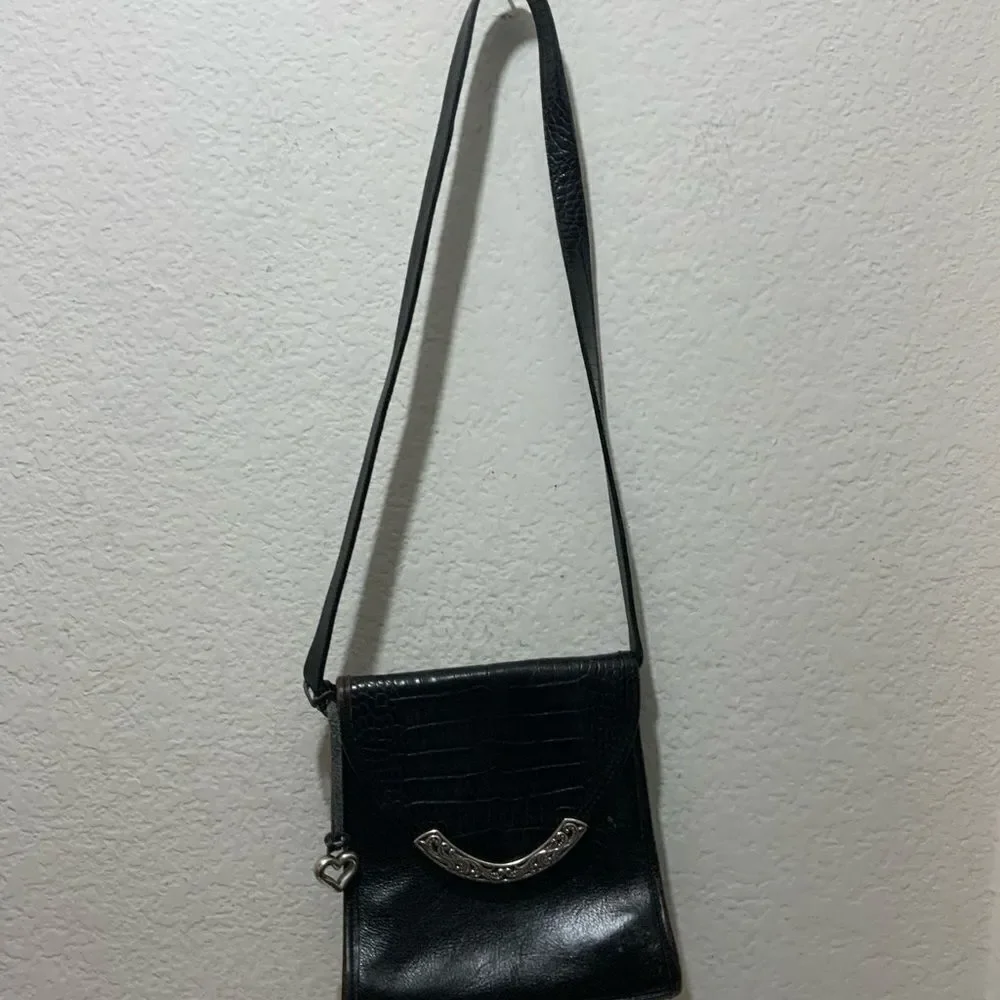 Vintage BRIGHTON  Black Croc Embossed Leather Bucket Flap Crossbody Bag